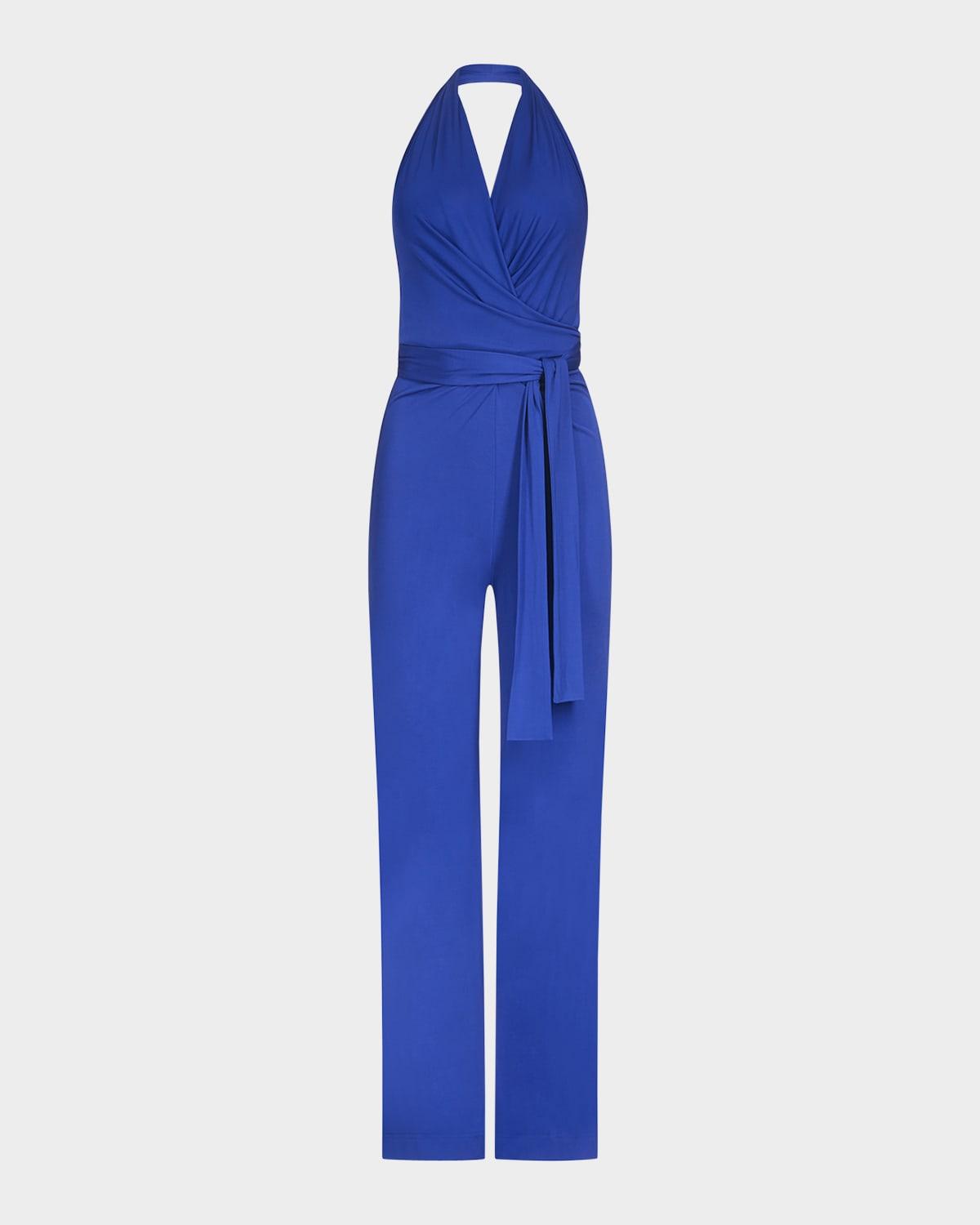 delia deep v-neck jersey halter jumpsuit