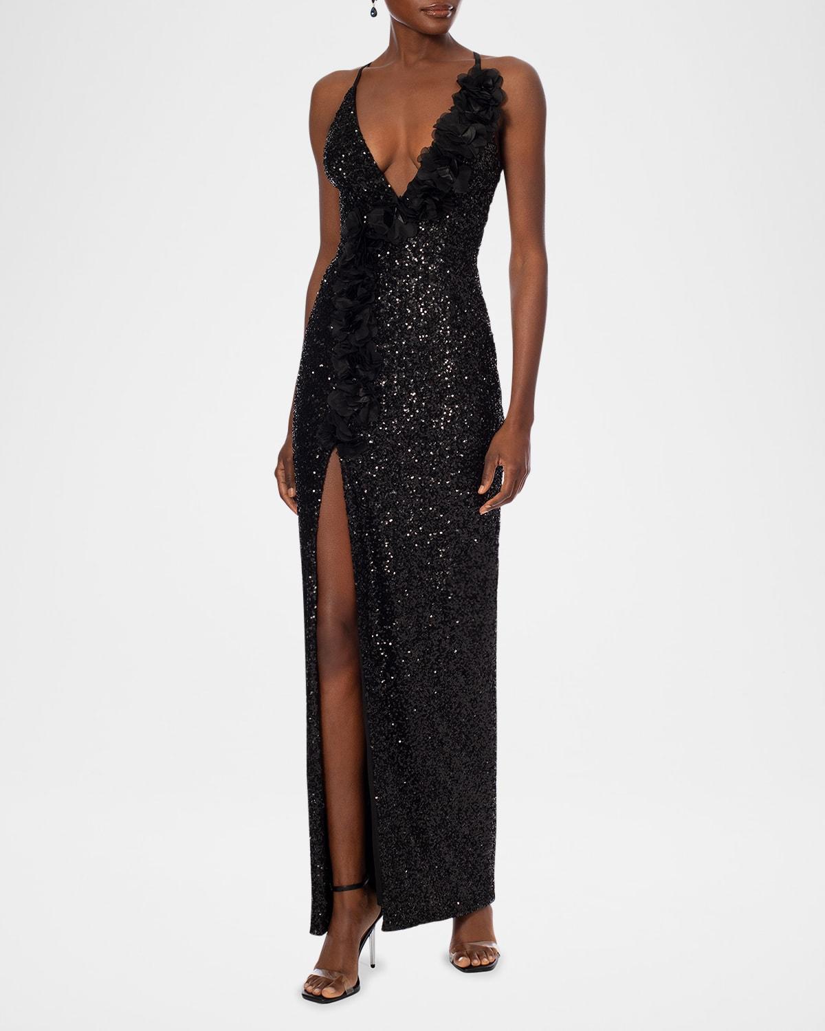 delia floral applique sequin column gown