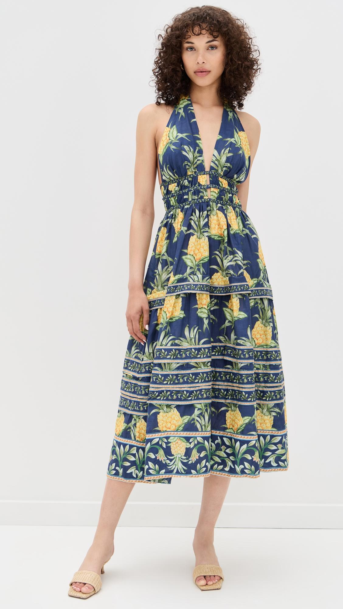 delicate pineapple navy blue midi dress