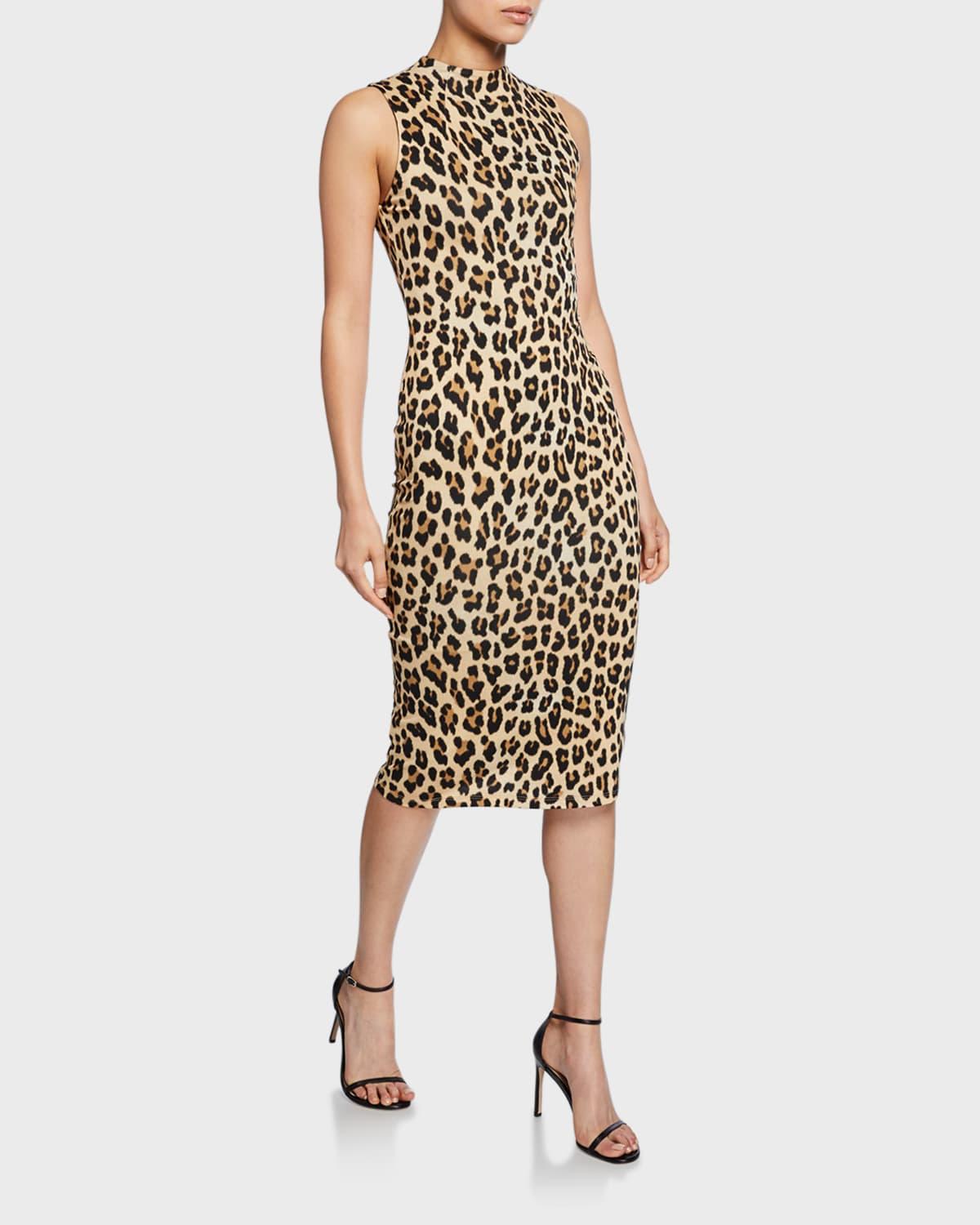 delora sleeveless fitted leopard mock-neck dress