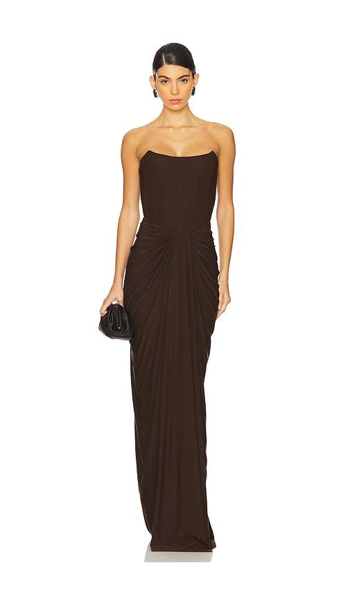 deme by gabriella pearl gown in chocolate.