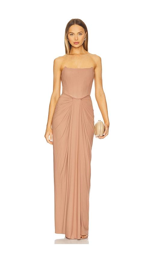 deme by gabriella x revolve pearl gown in brown.