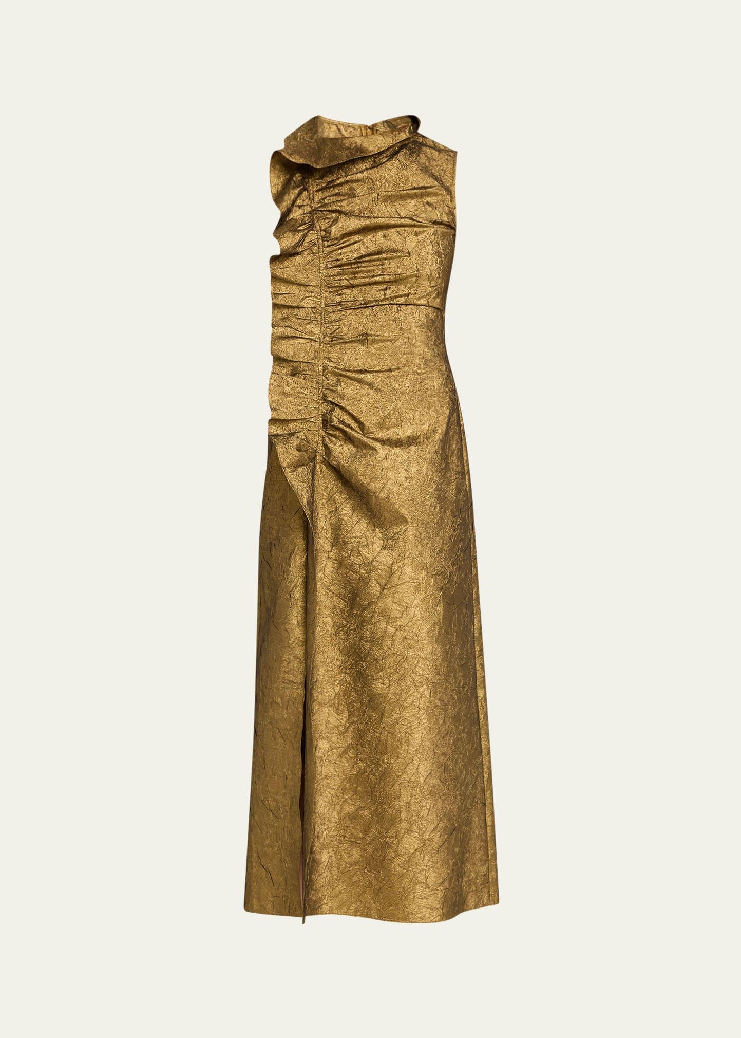 demetria metallic sleeveless ruched midi dress