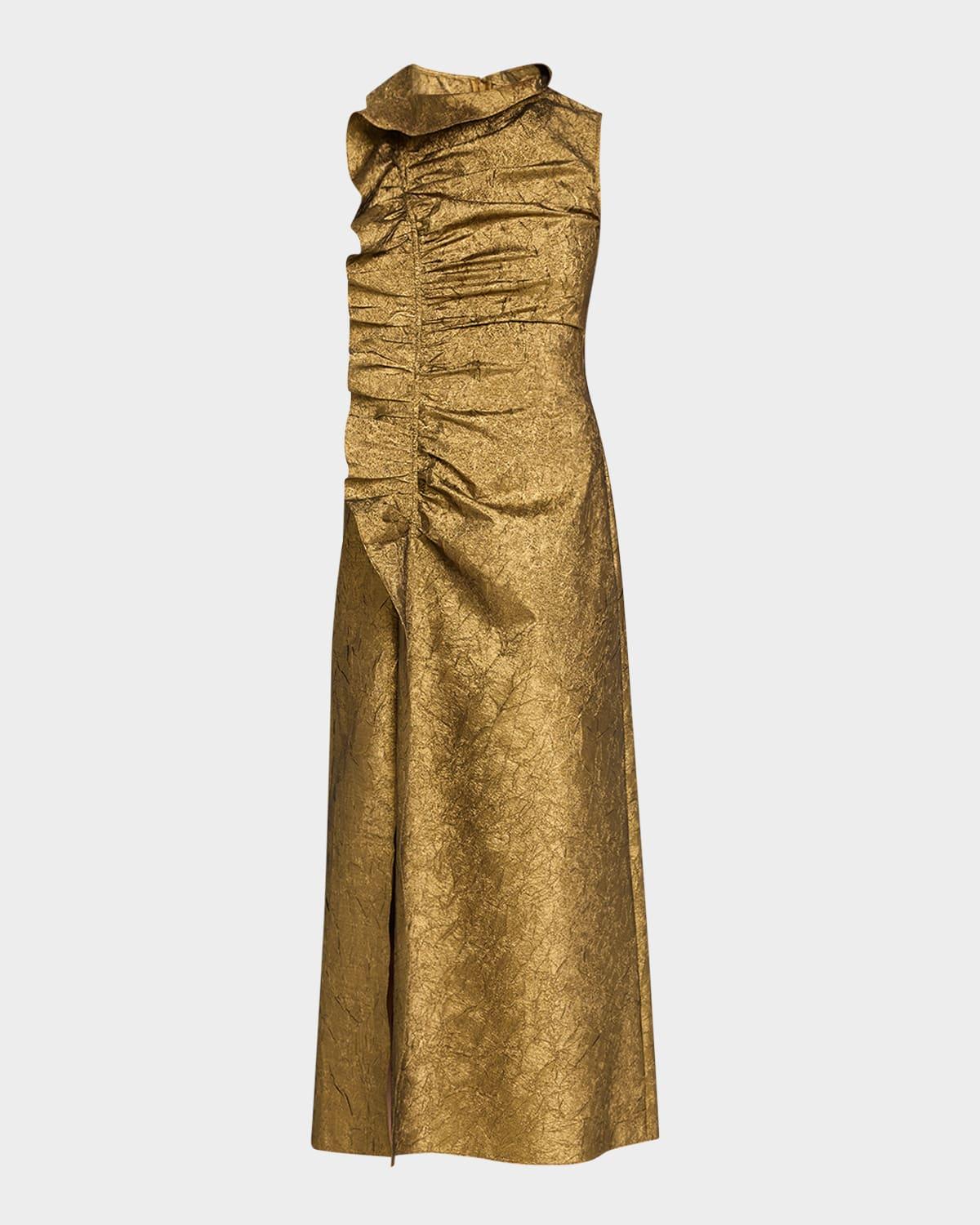 demetria metallic sleeveless ruched midi dress