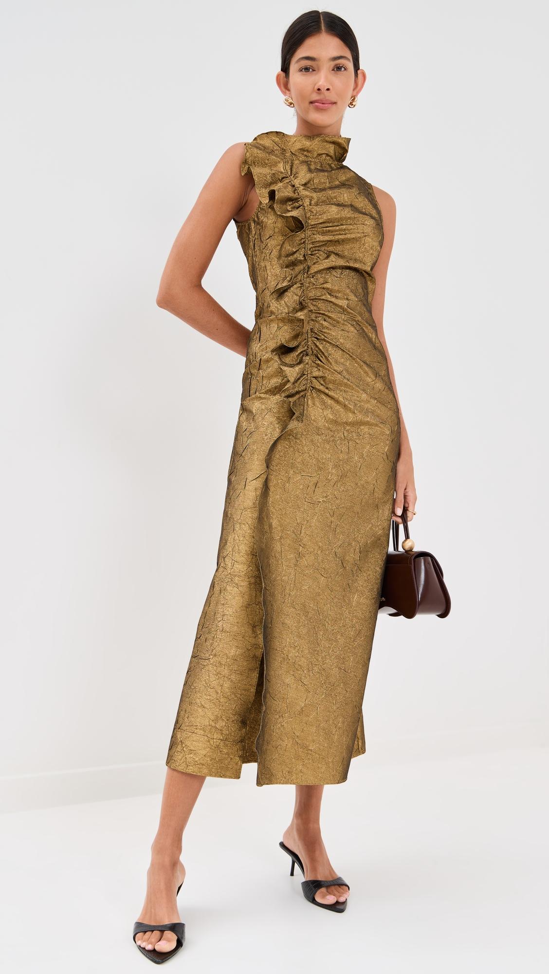 demetria sleeveless ruched front midi dress