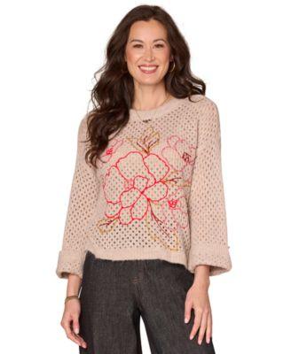 democracy womens floral embroidered round neck sweater