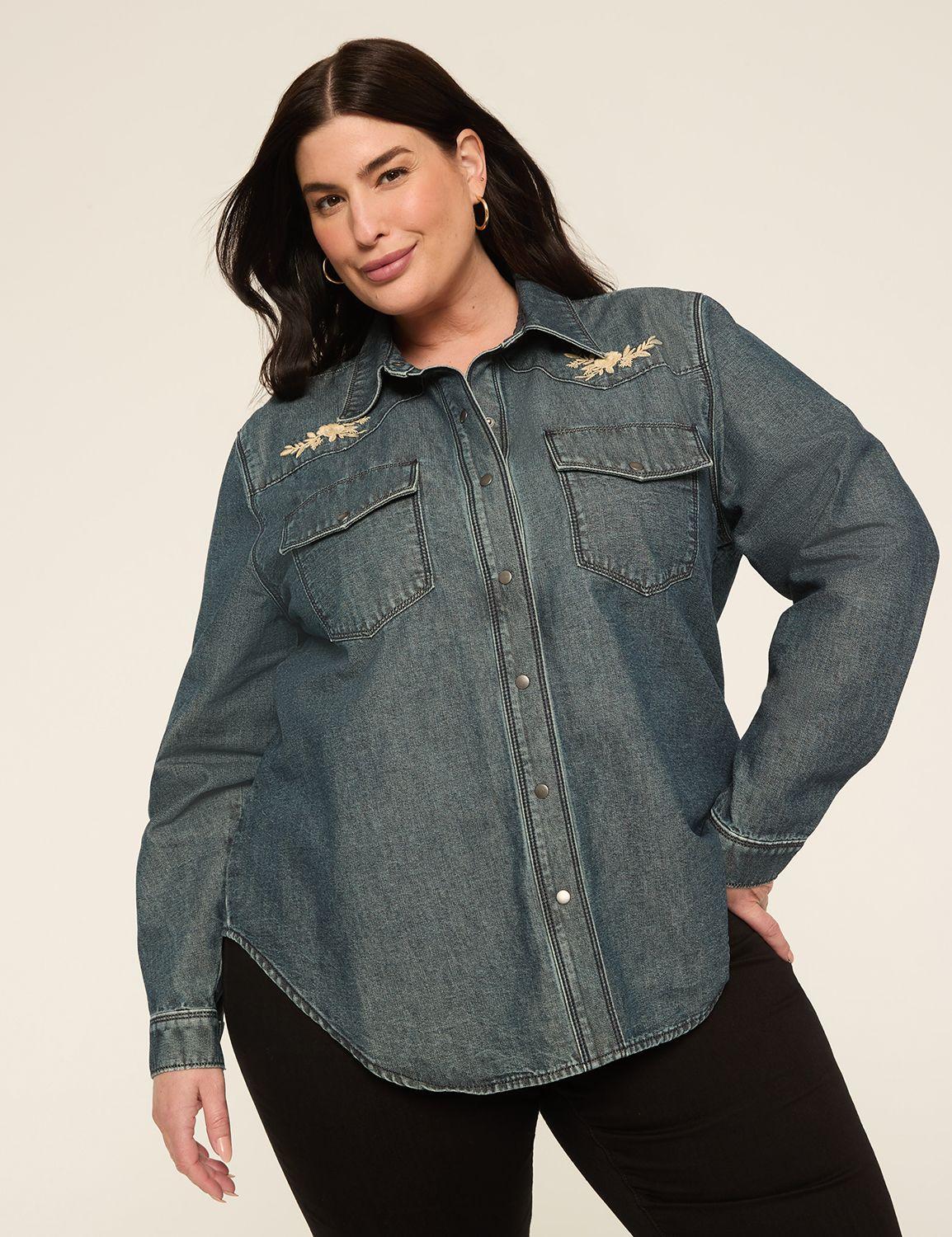 denim applique button-down blouse