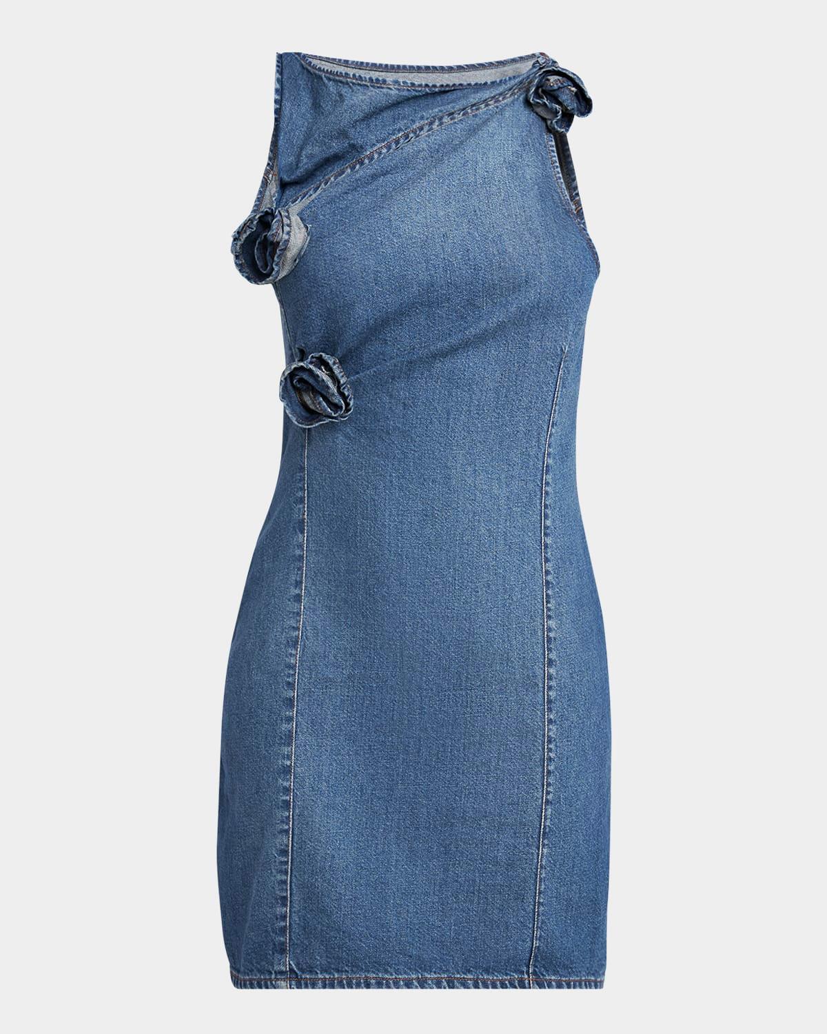 denim asymmetric flower mini dress