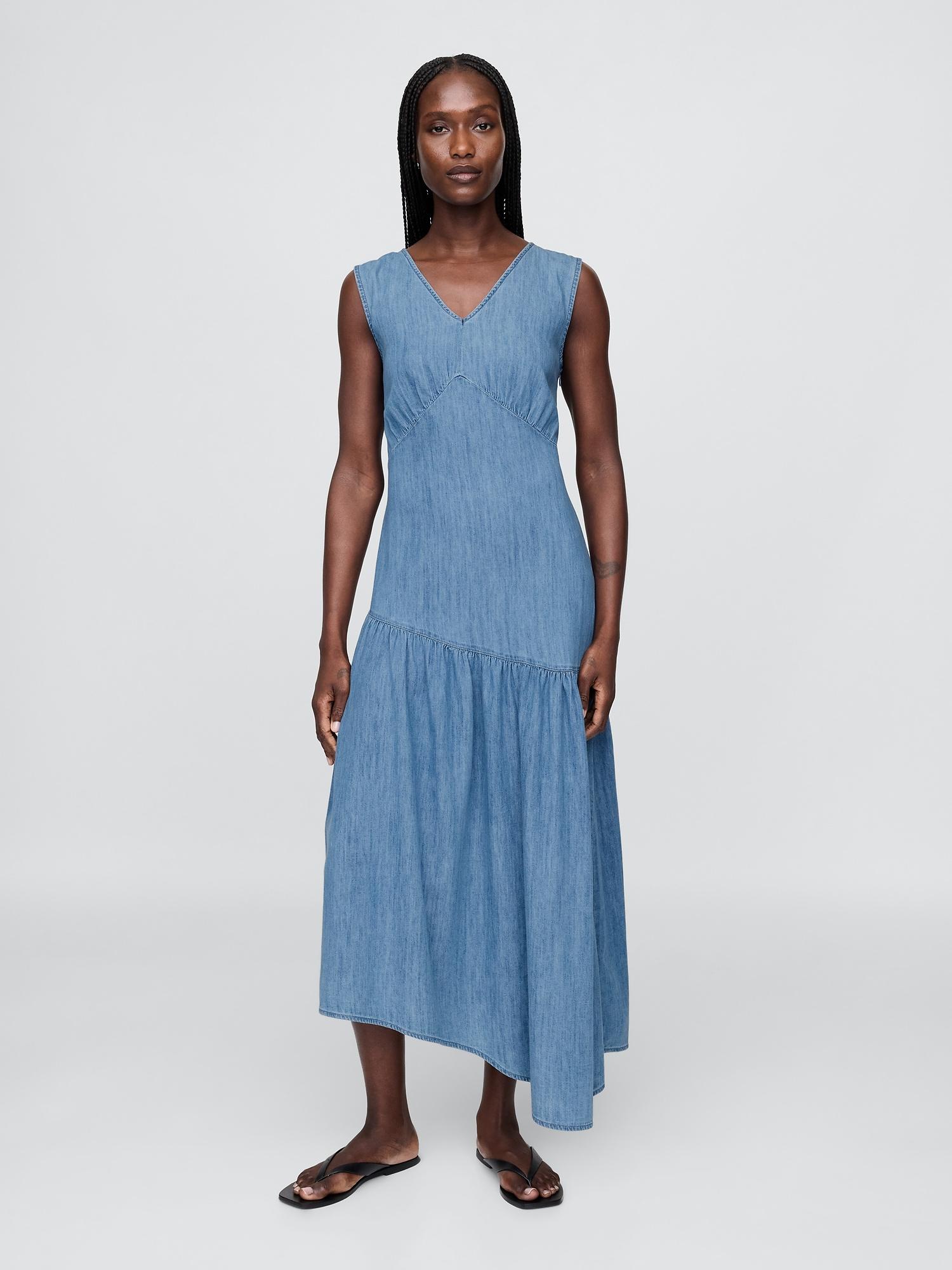 denim asymmetrical midi dress