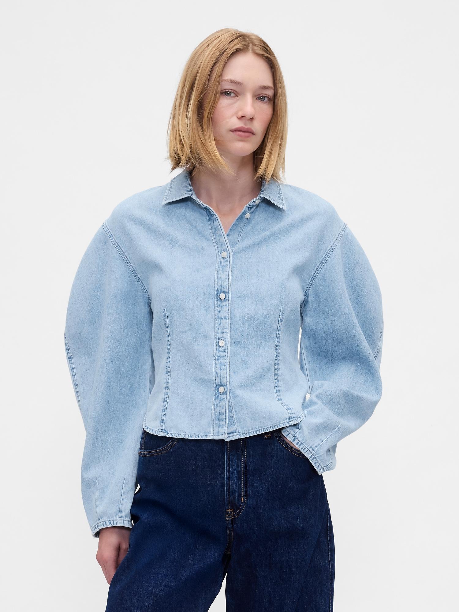 denim balloon-sleeve shirt