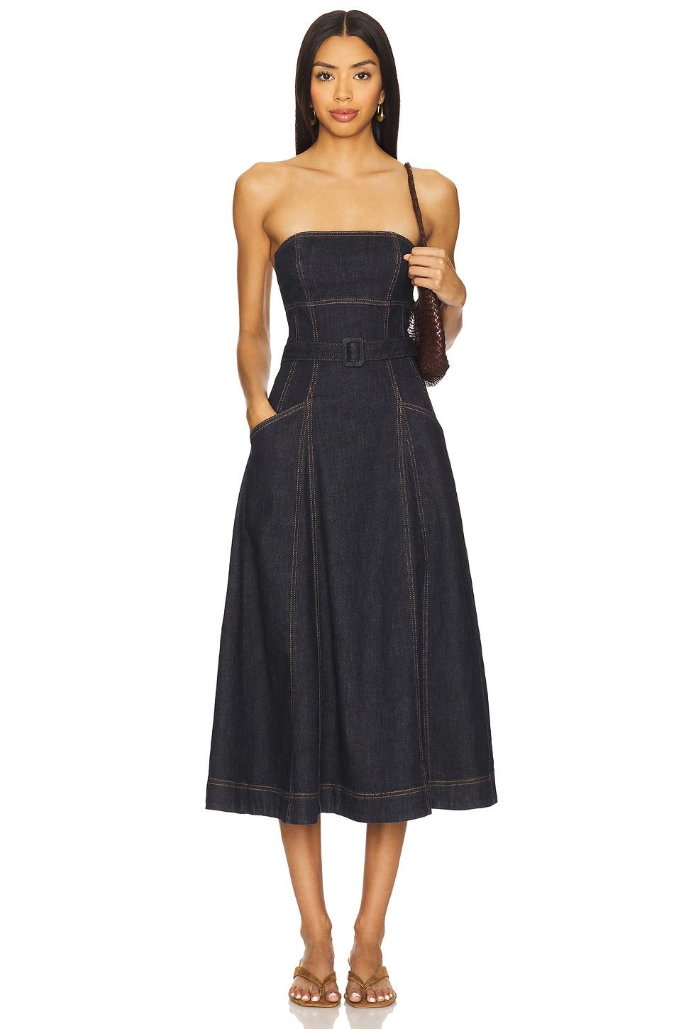 denim bandeau midi dress
