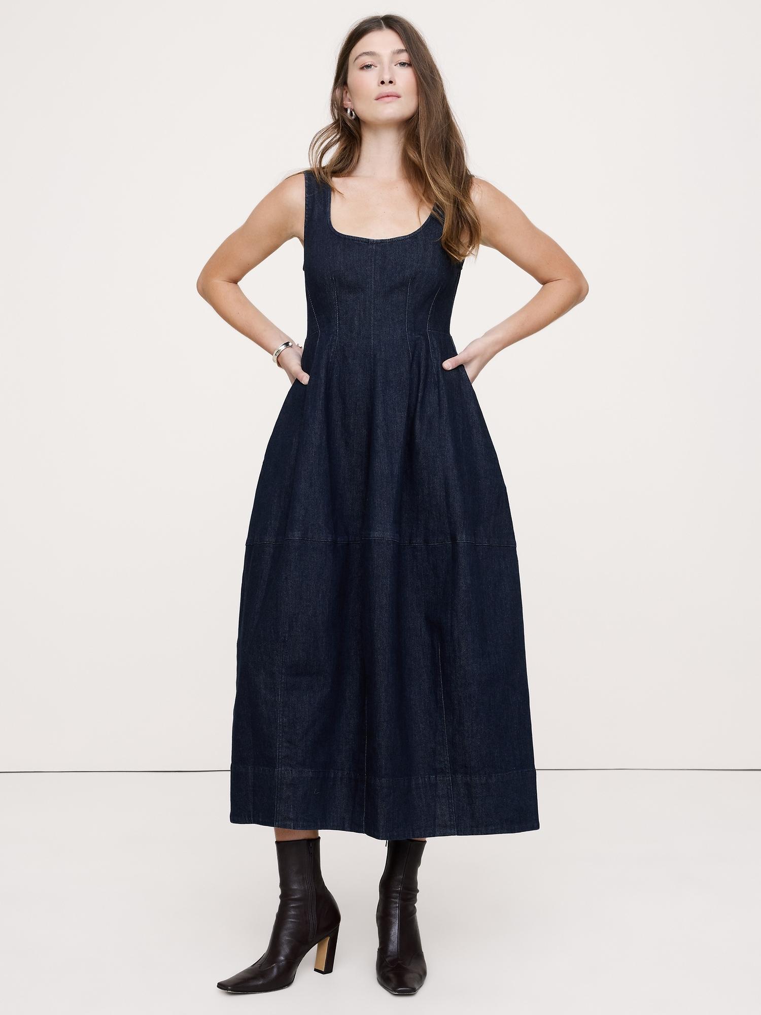 denim barrel midi dress