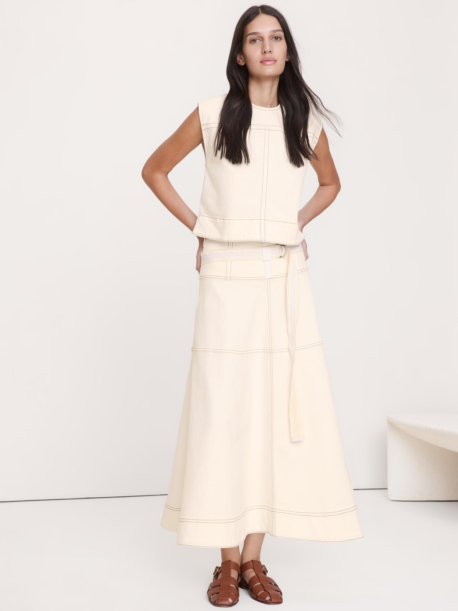 denim belted maxi skirt