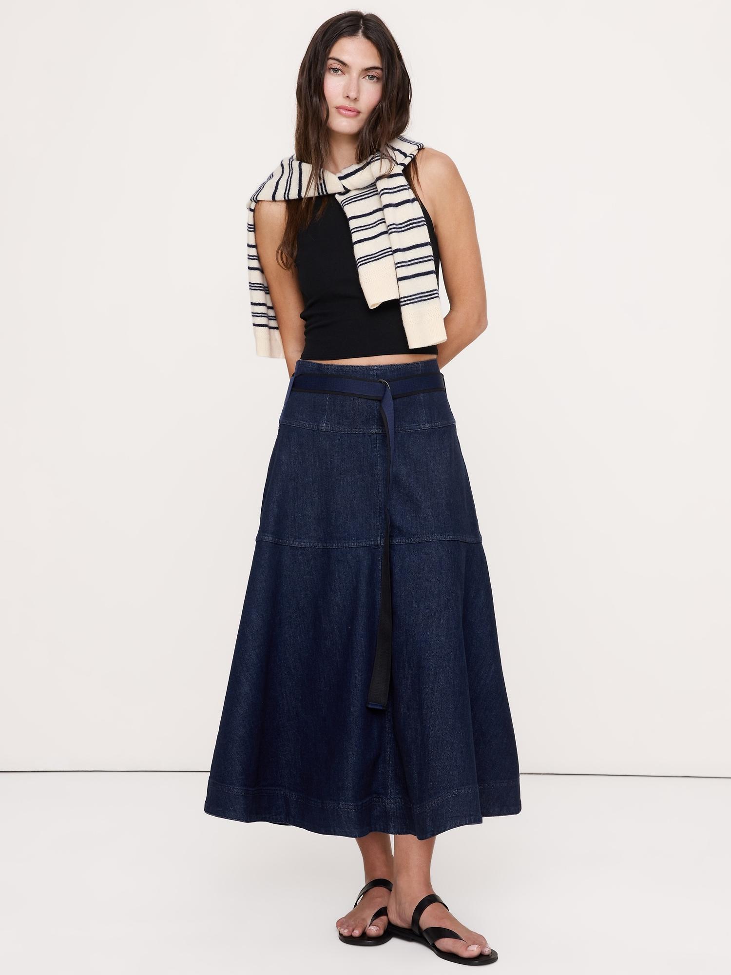denim belted maxi skirt