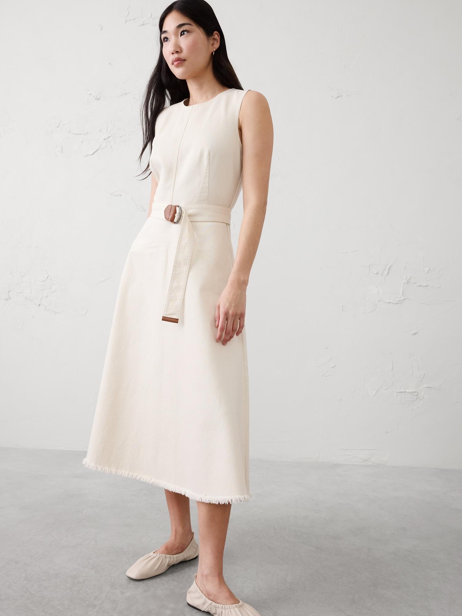 denim belted midi dress