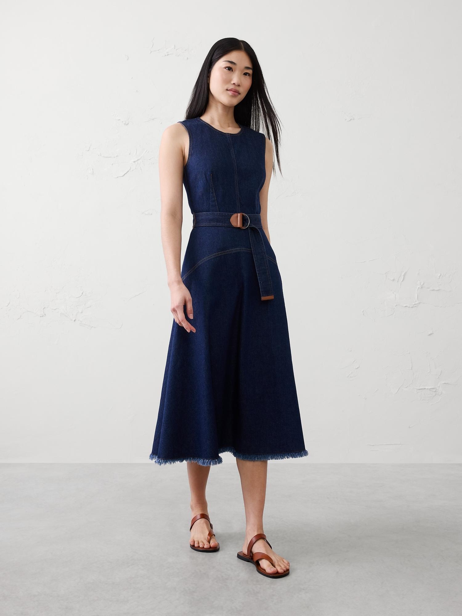 denim belted midi dress