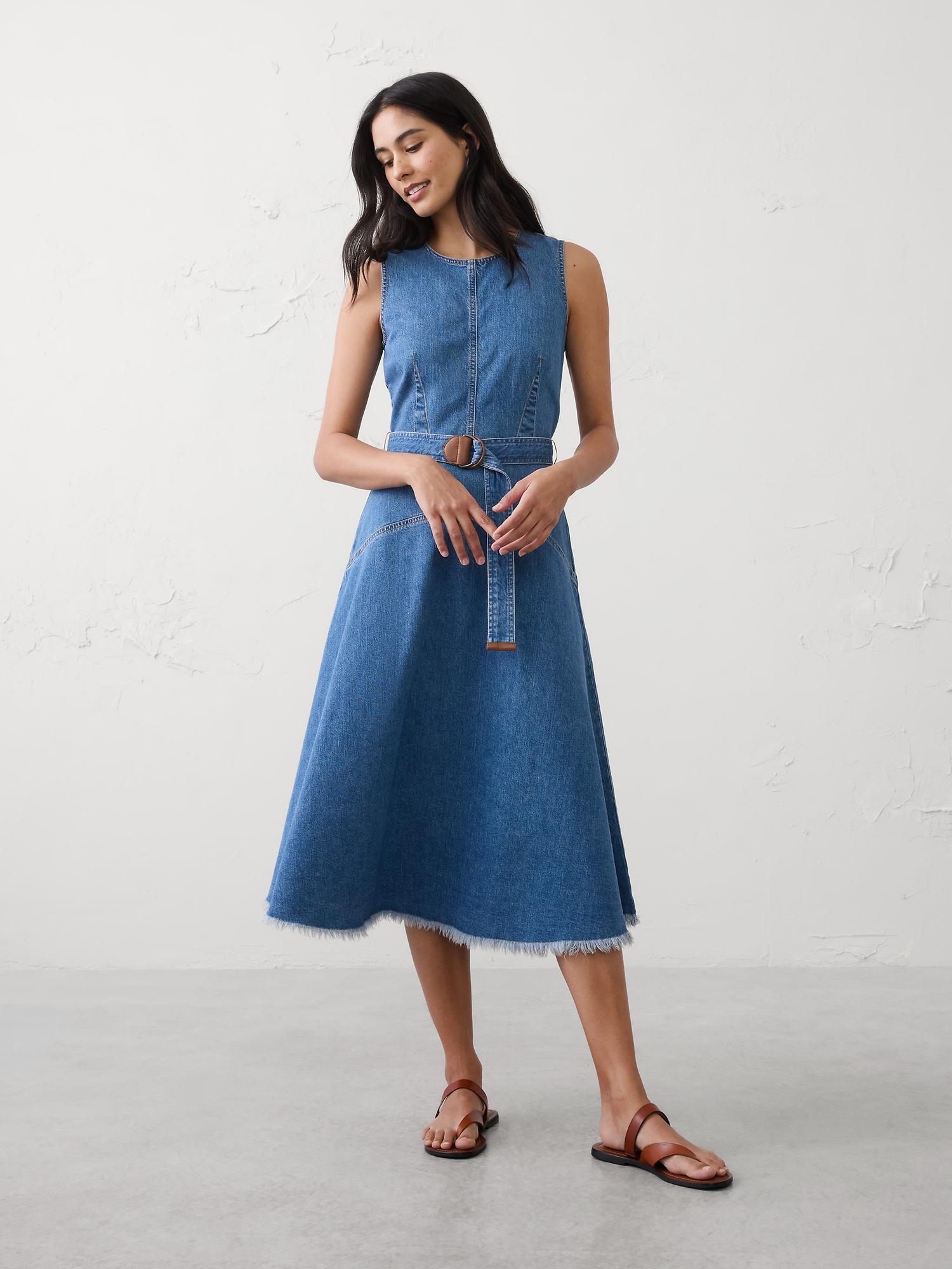 denim belted midi dress