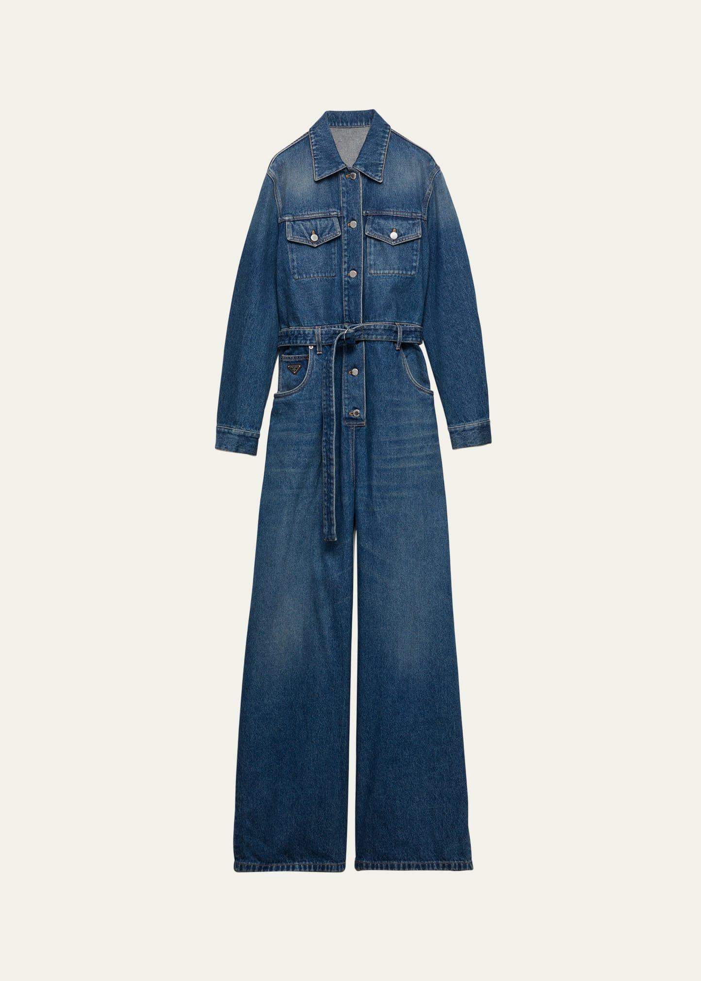 denim belted wide leg jumpsuit