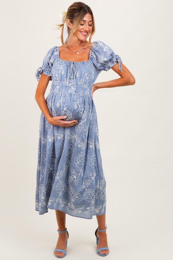 denim blue floral embroidered maternity midi dress