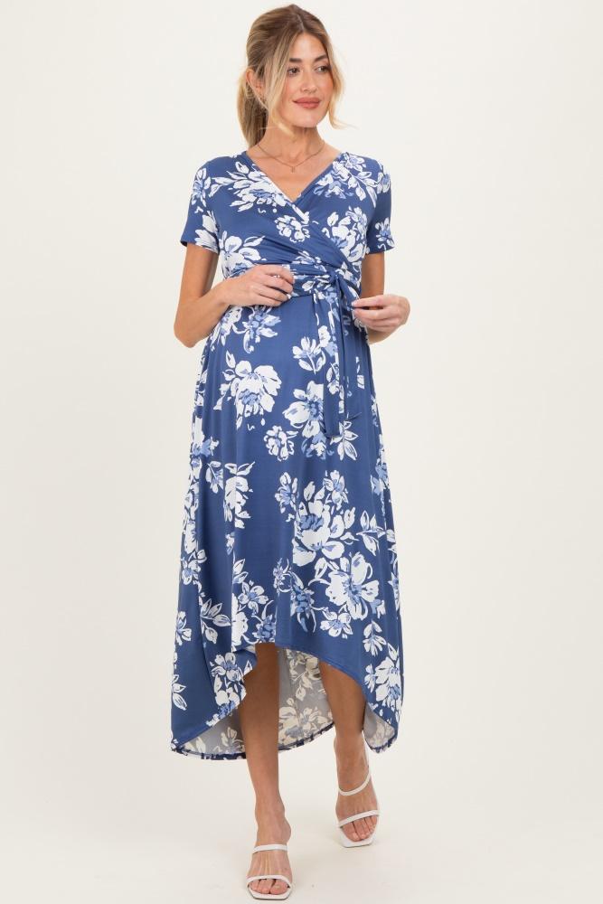denim blue floral print short sleeve hi-low maternity wrap dress
