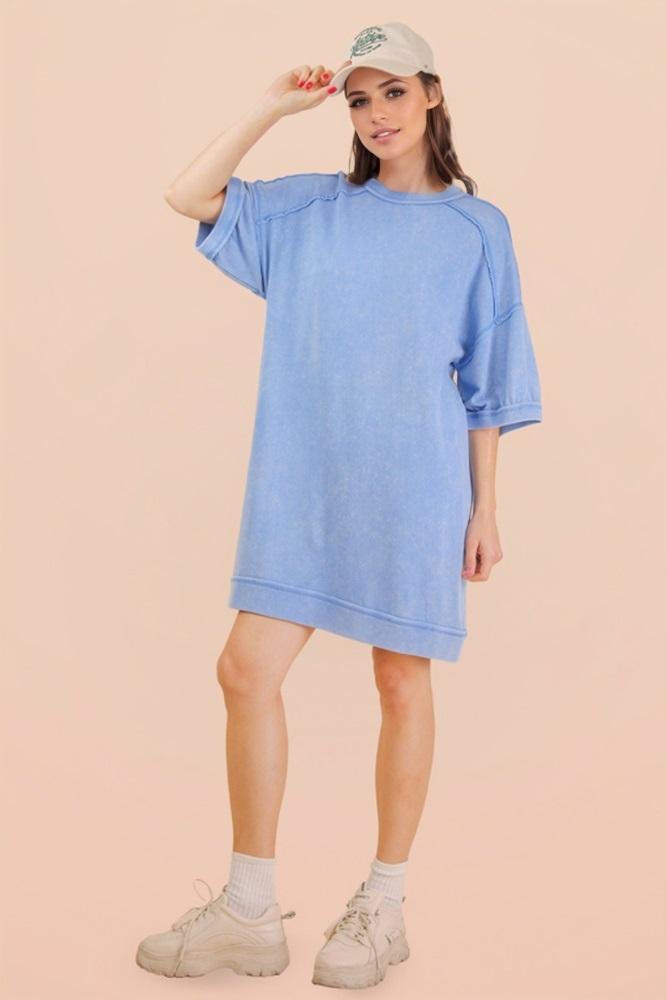 denim blue mineral wash french terry knit t-shirt dress