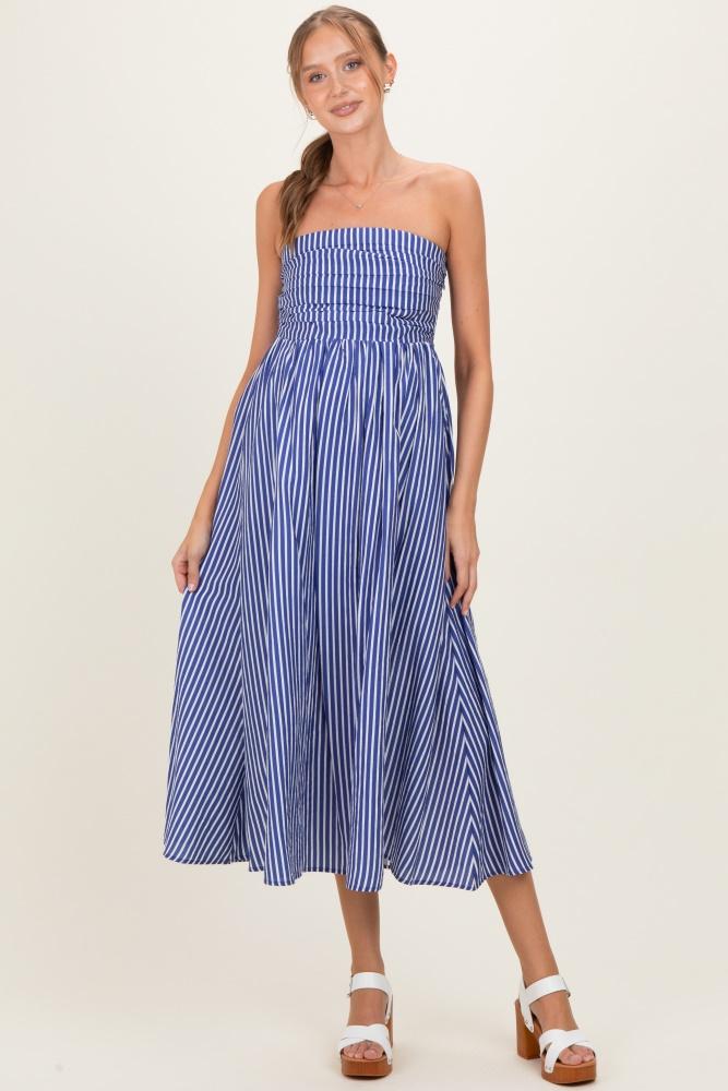 denim blue striped strapless maternity maxi dress
