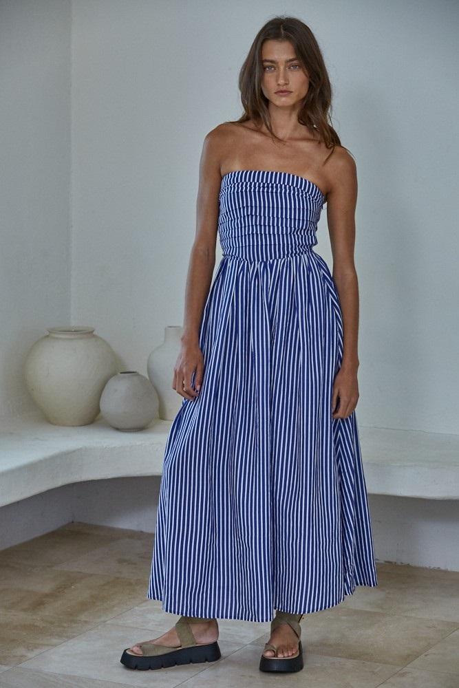 denim blue striped strapless maxi dress
