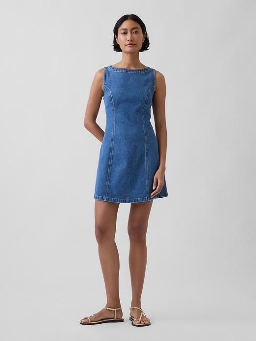 denim boatneck open-back mini dress