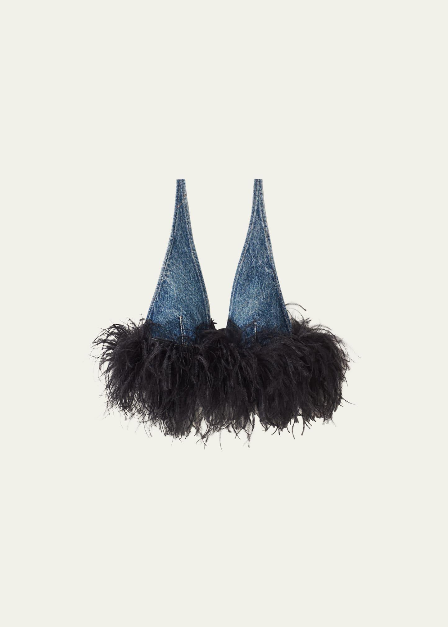 denim bra top with feather