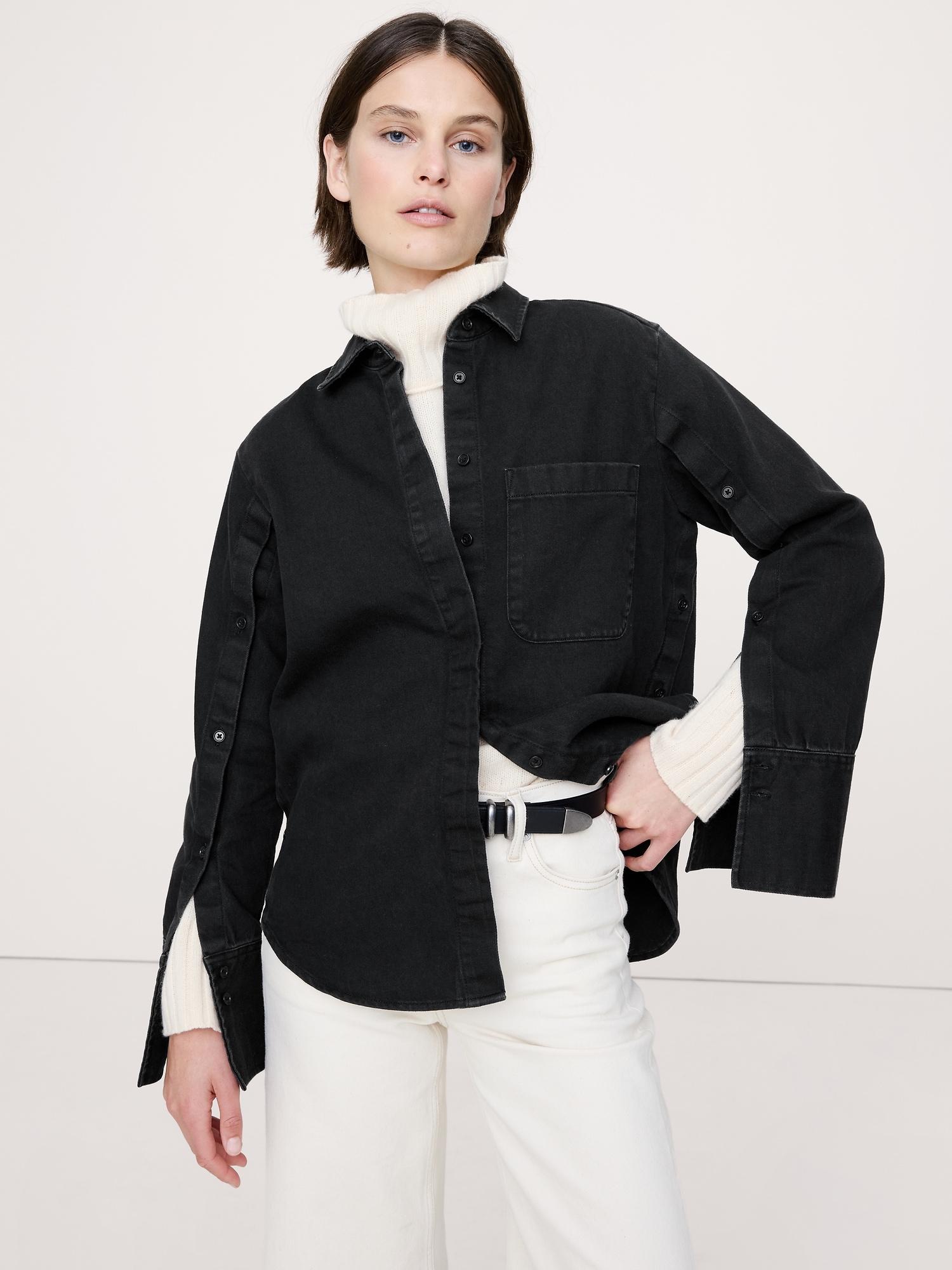 denim button-sleeve shirt