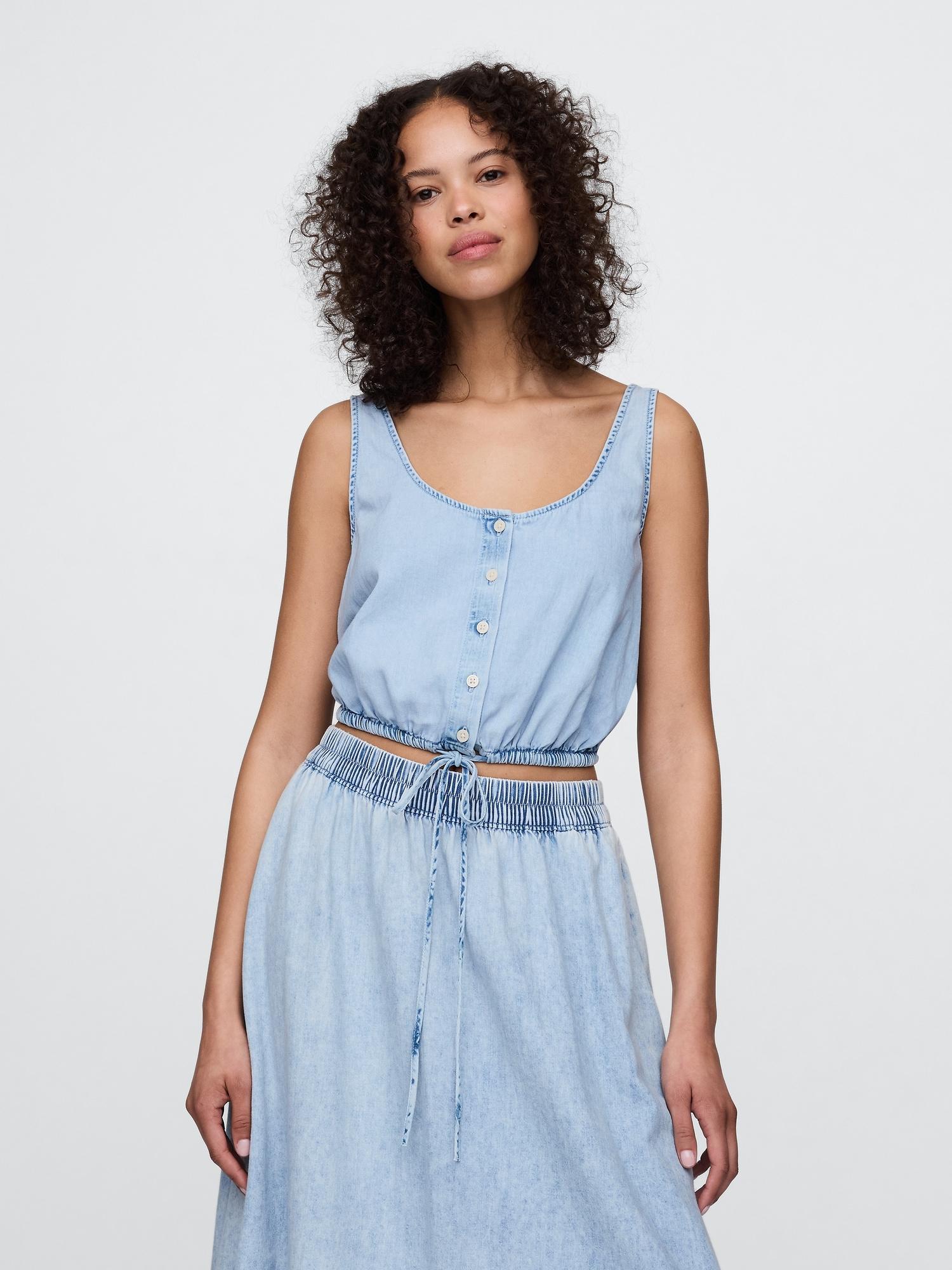 denim cinched-hem crop top