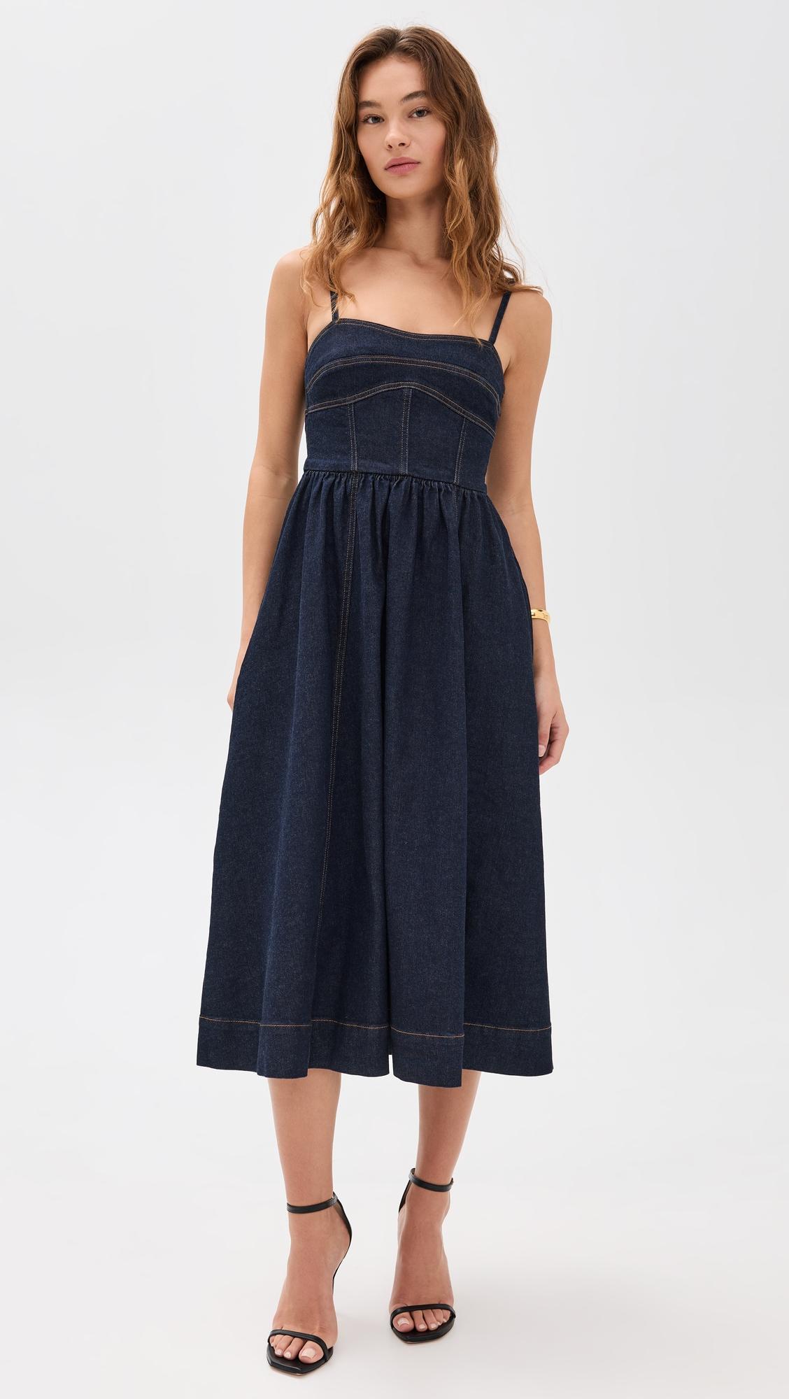 denim corset midi dress 33"