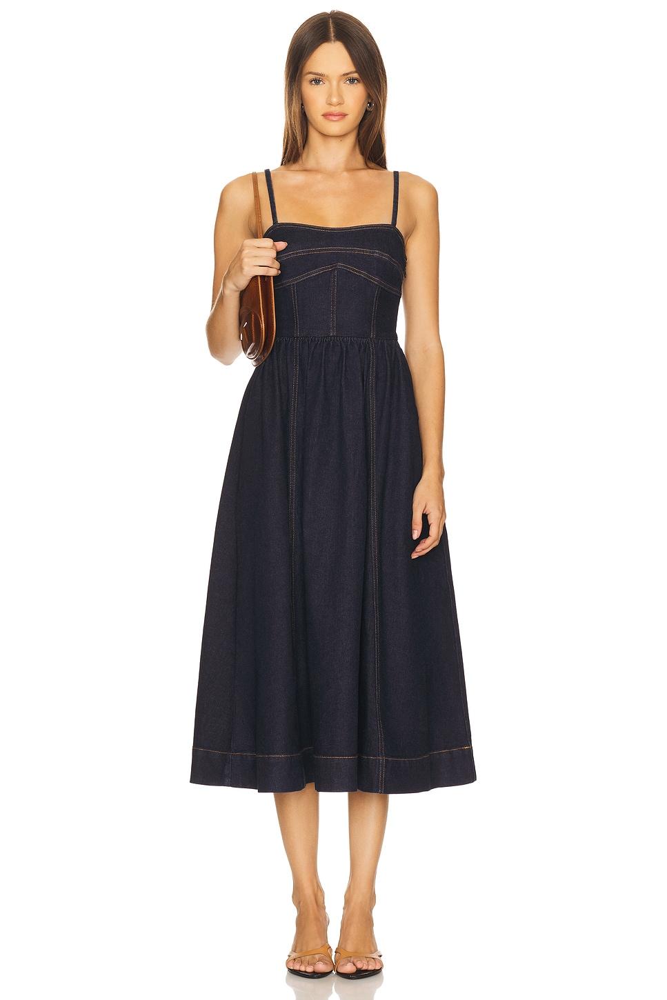 denim corset midi dress