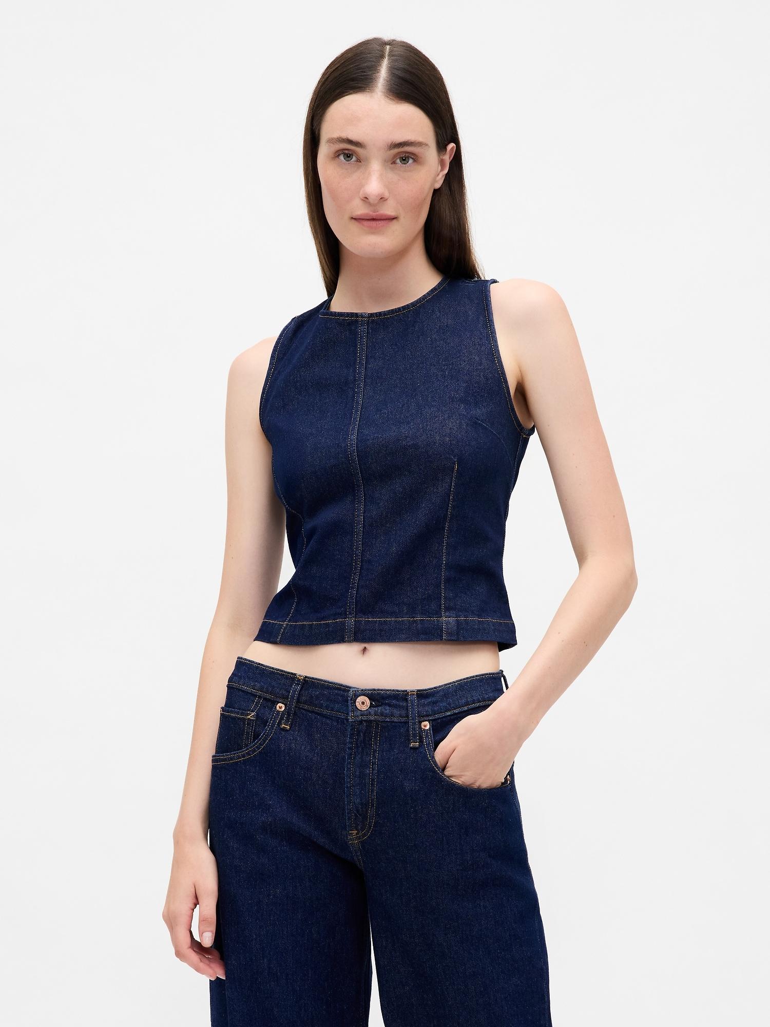 denim crop shell tank top