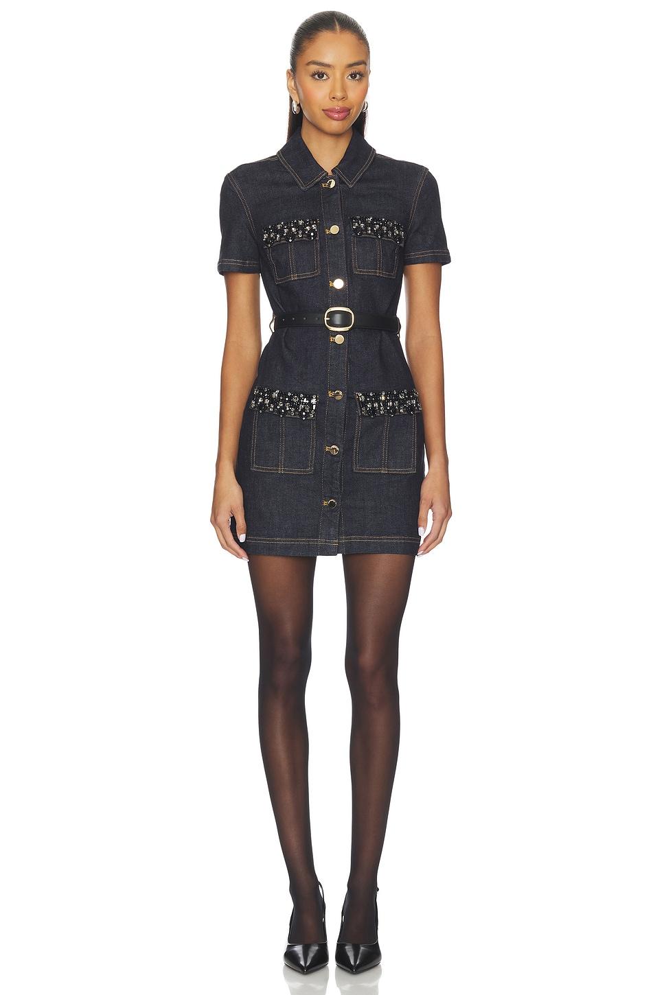 denim crystal trim mini dress