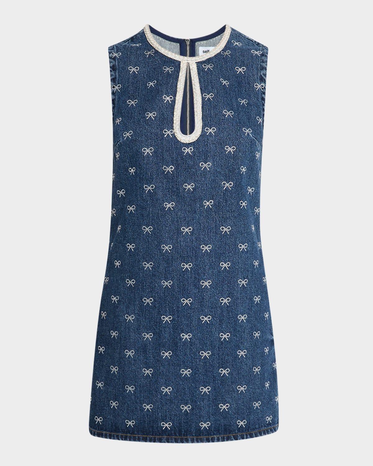 denim diamante bow mini dress