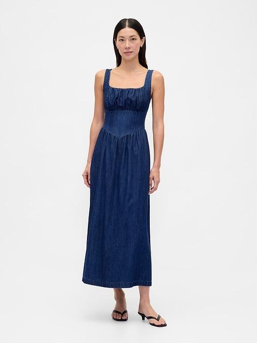denim drop-waist corset midi dress