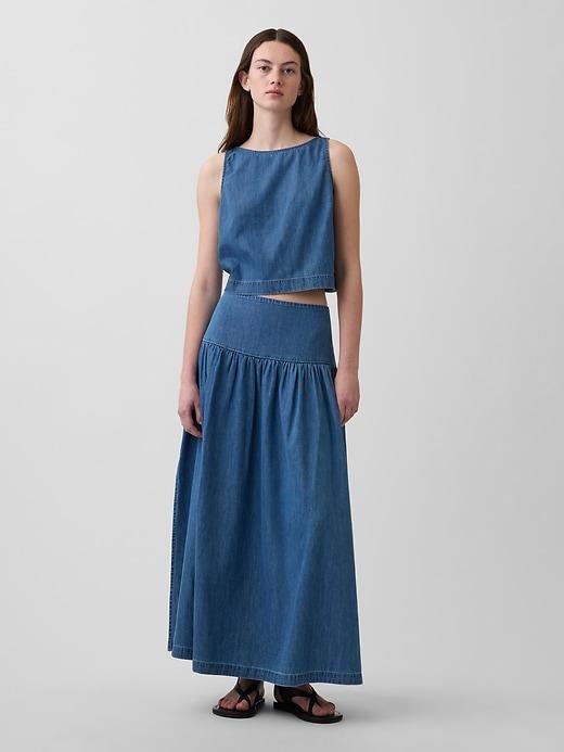 denim drop-waist maxi skirt