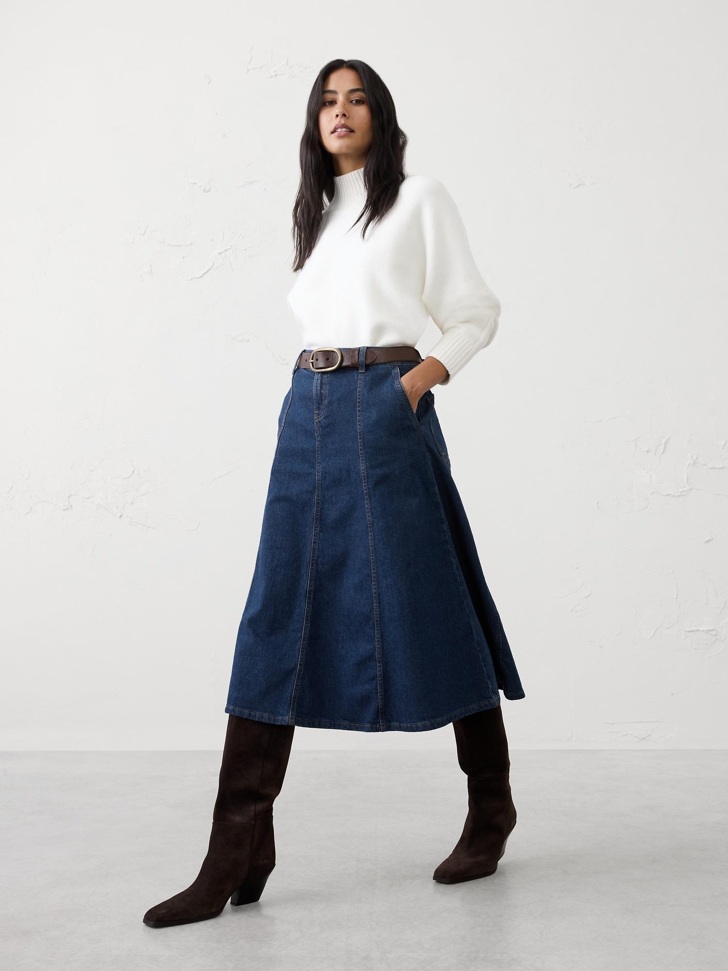 denim flared midi skirt