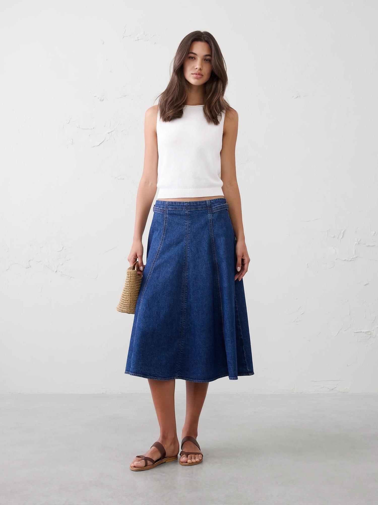 denim flared midi skirt
