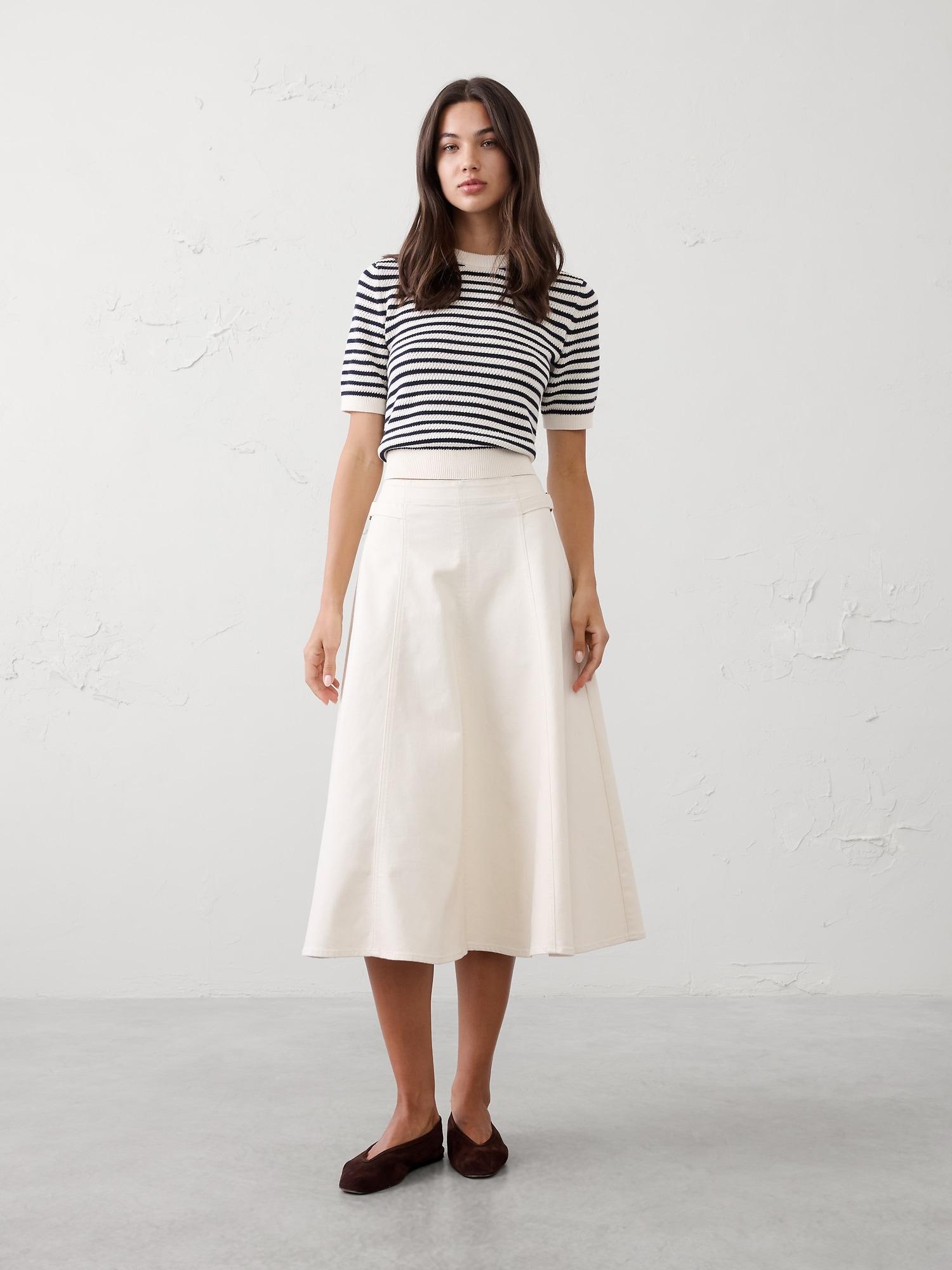 denim flared midi skirt