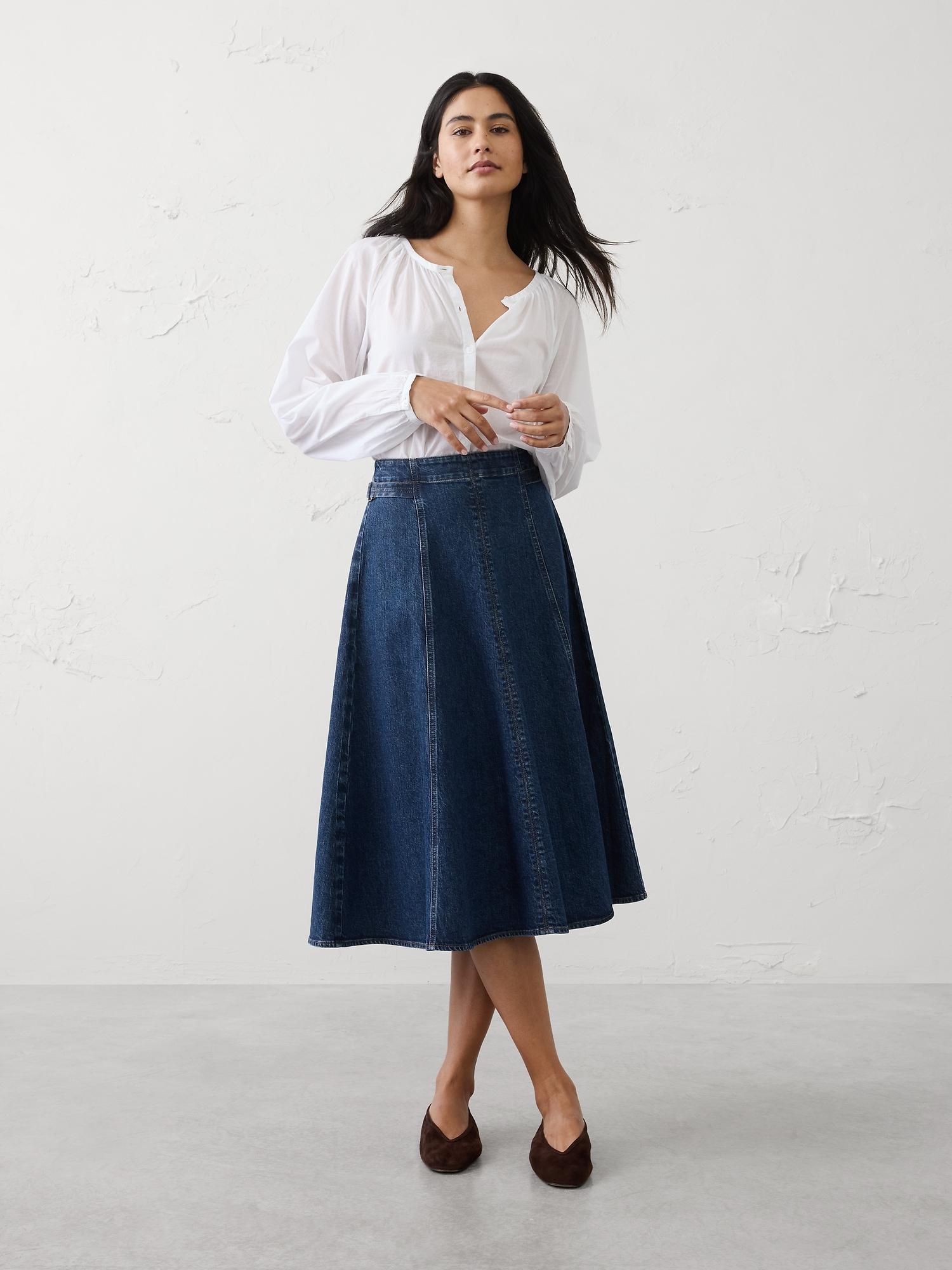 denim flared midi skirt