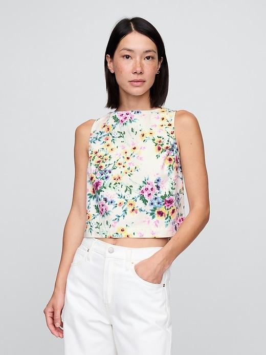 denim floral crop shell tank top