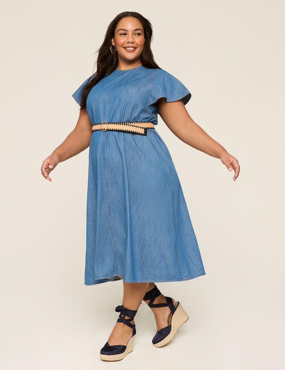 denim flutter-sleeve a-line dress