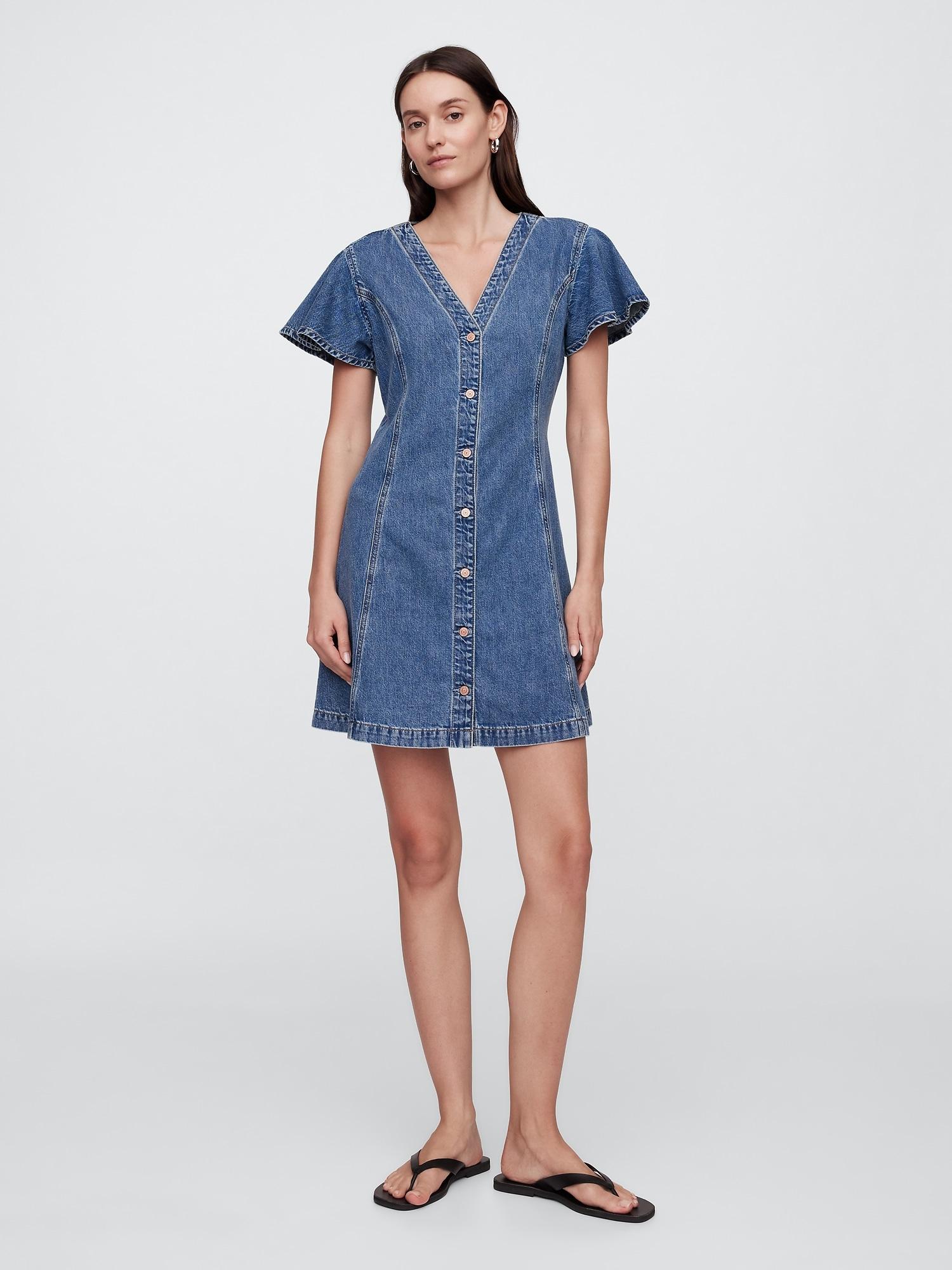 denim flutter sleeve mini dress