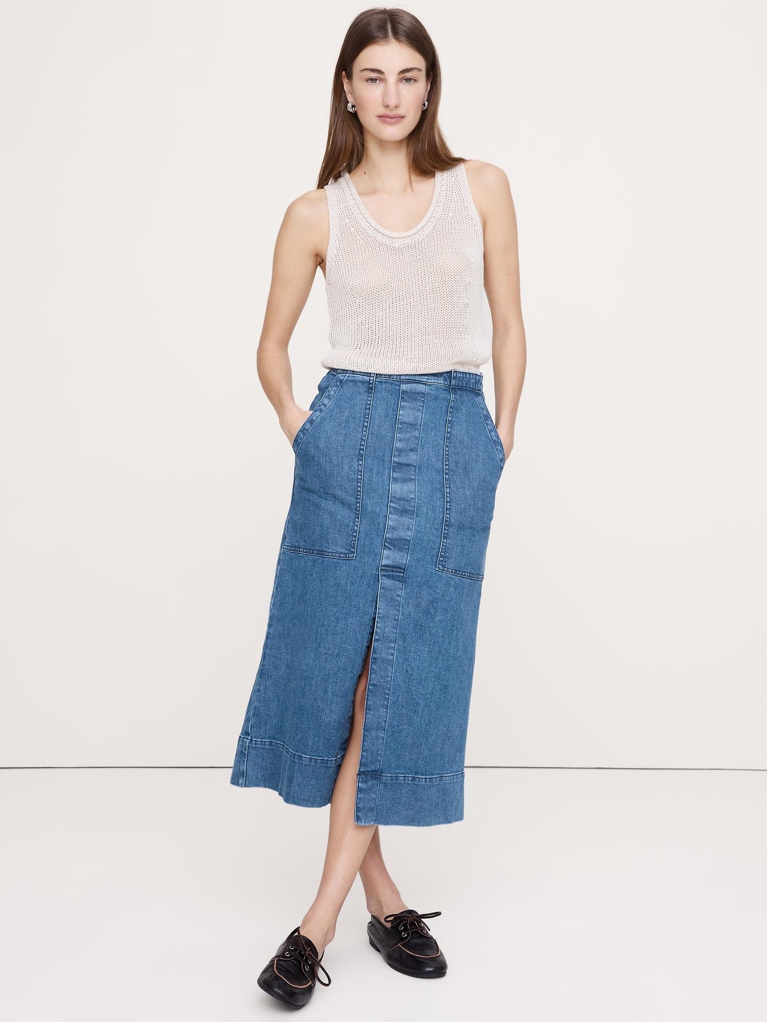 denim front-slit midi skirt
