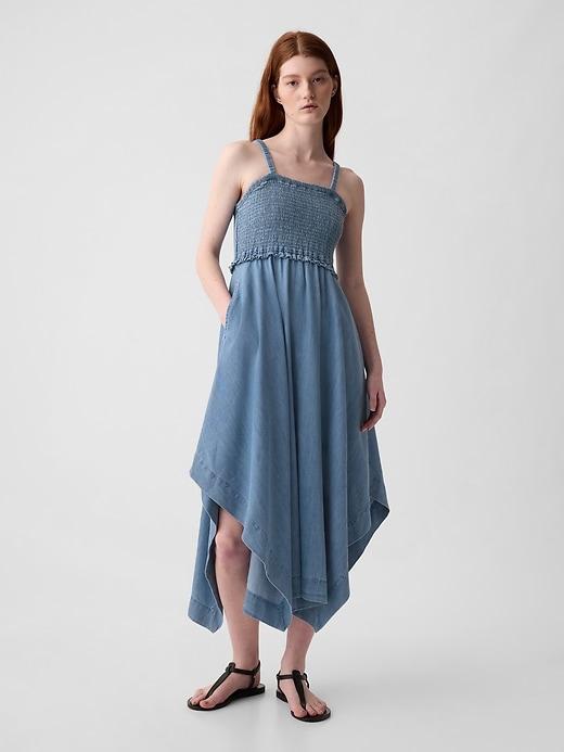 denim handkerchief hem midi dress