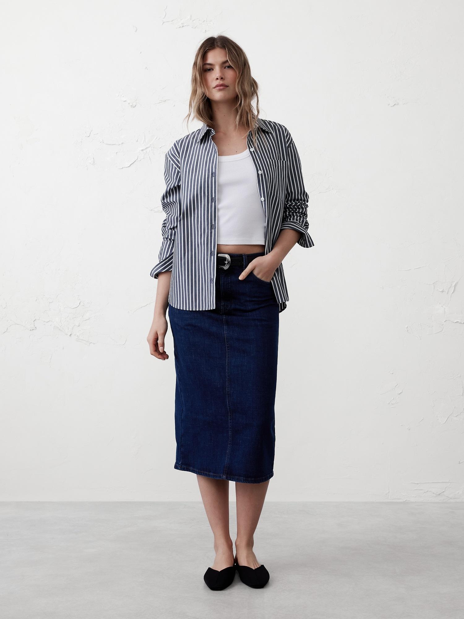 denim midi pencil skirt