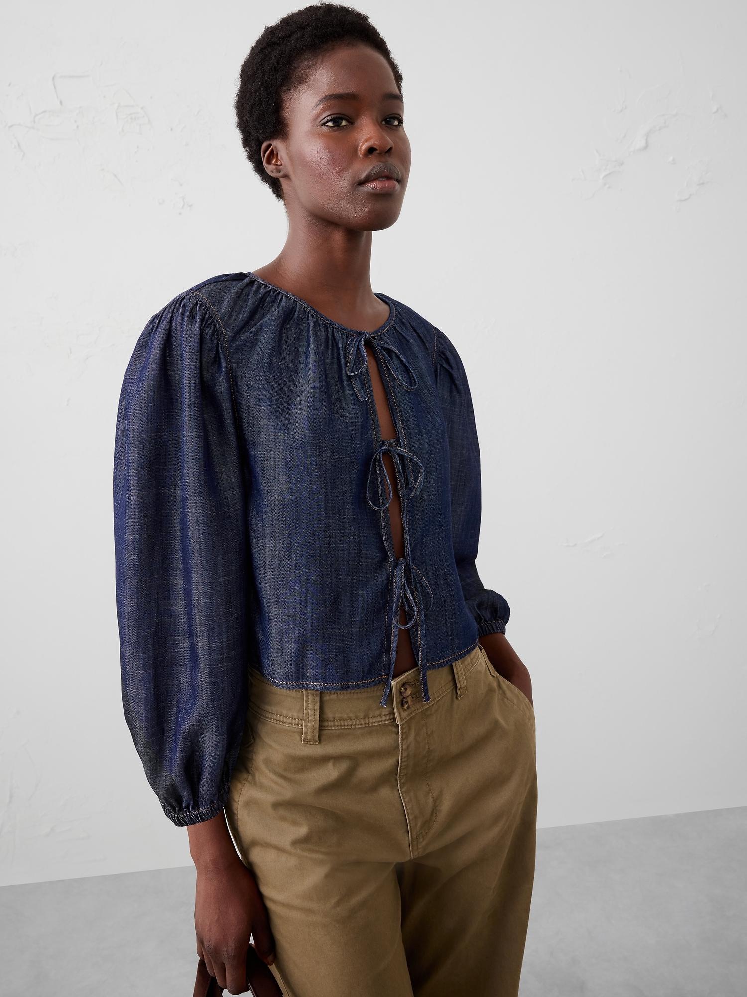 denim open tie-front top