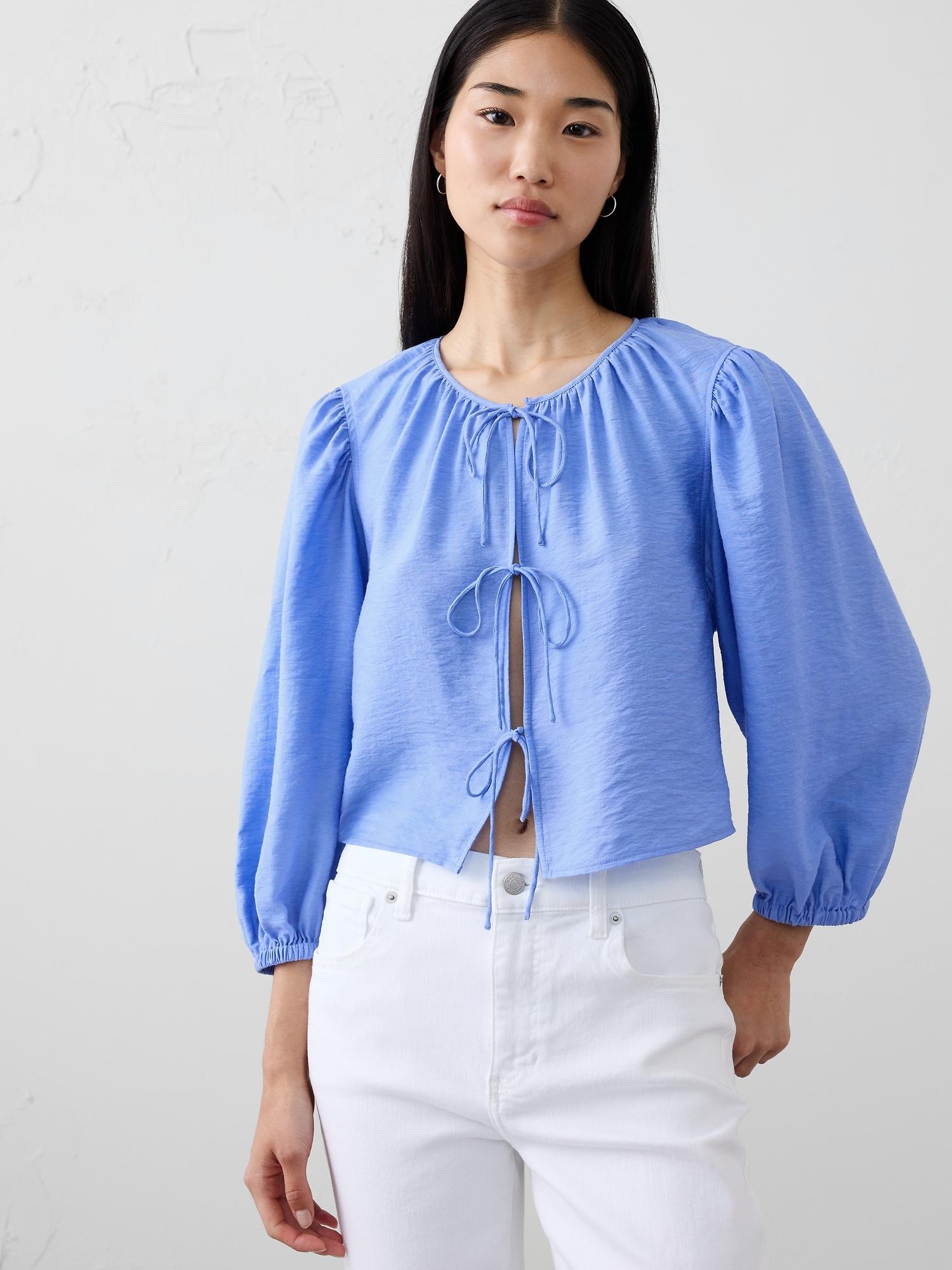 denim open tie-front top